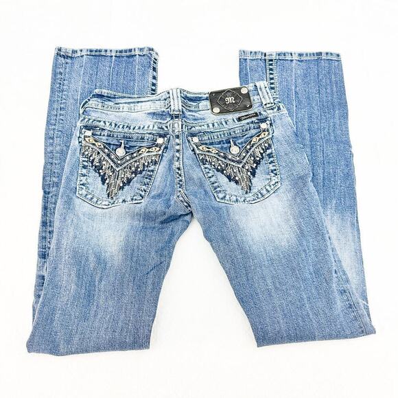 Miss Me Western Boot Cut Denim Jeans Feather Embellished Detail Size 28 - Picture 7 of 9